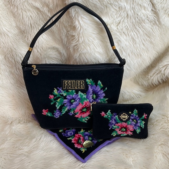 FEILER black red purple chenille floral handbag set of 3 - Picture 1 of 5
